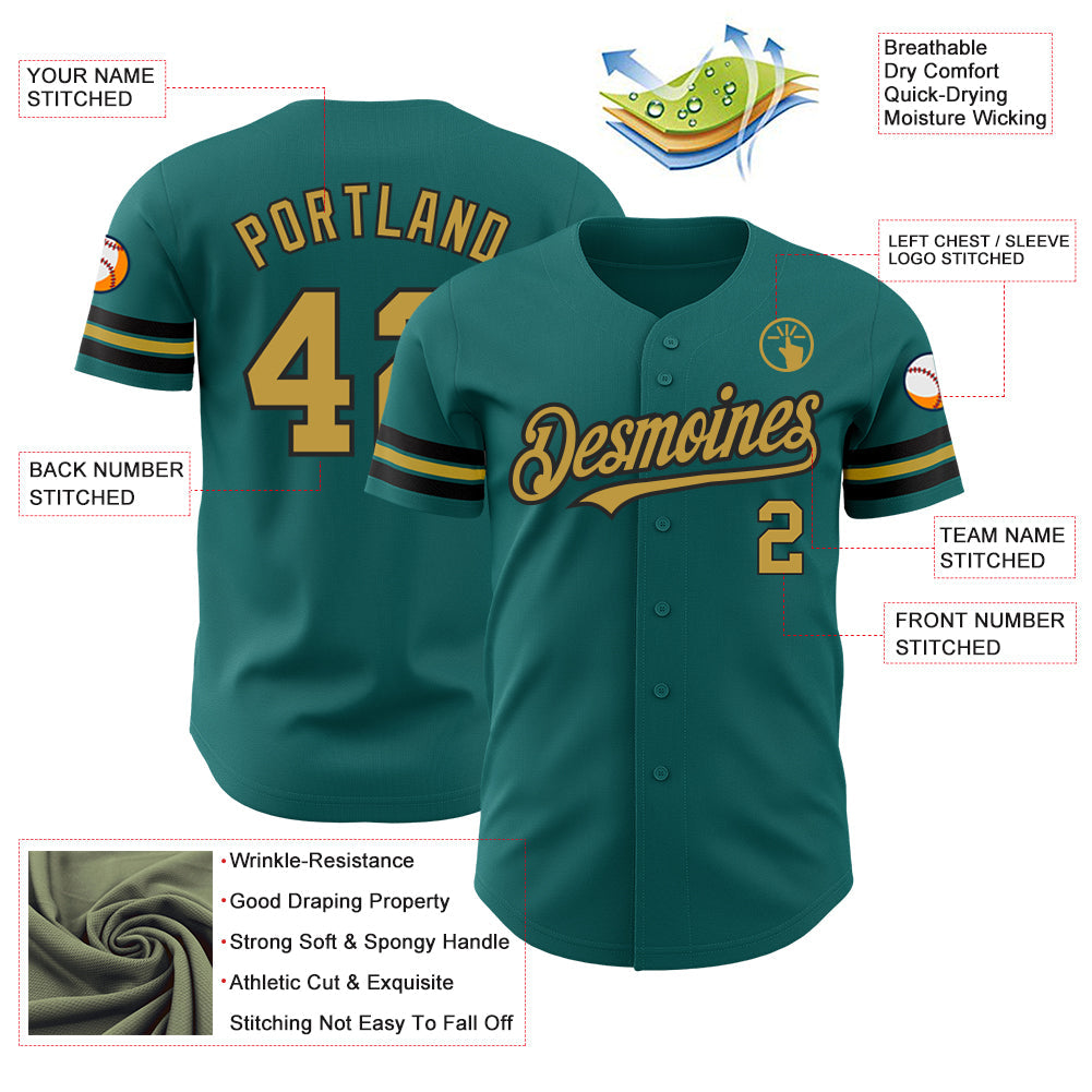 Custom Teal Old Gold-Black Authentic Baseball Jersey view 3