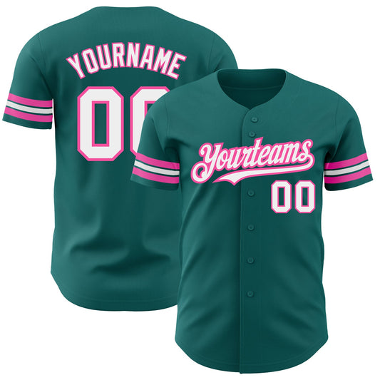 Custom Teal White-Pink Authentic Baseball Jersey - Main View