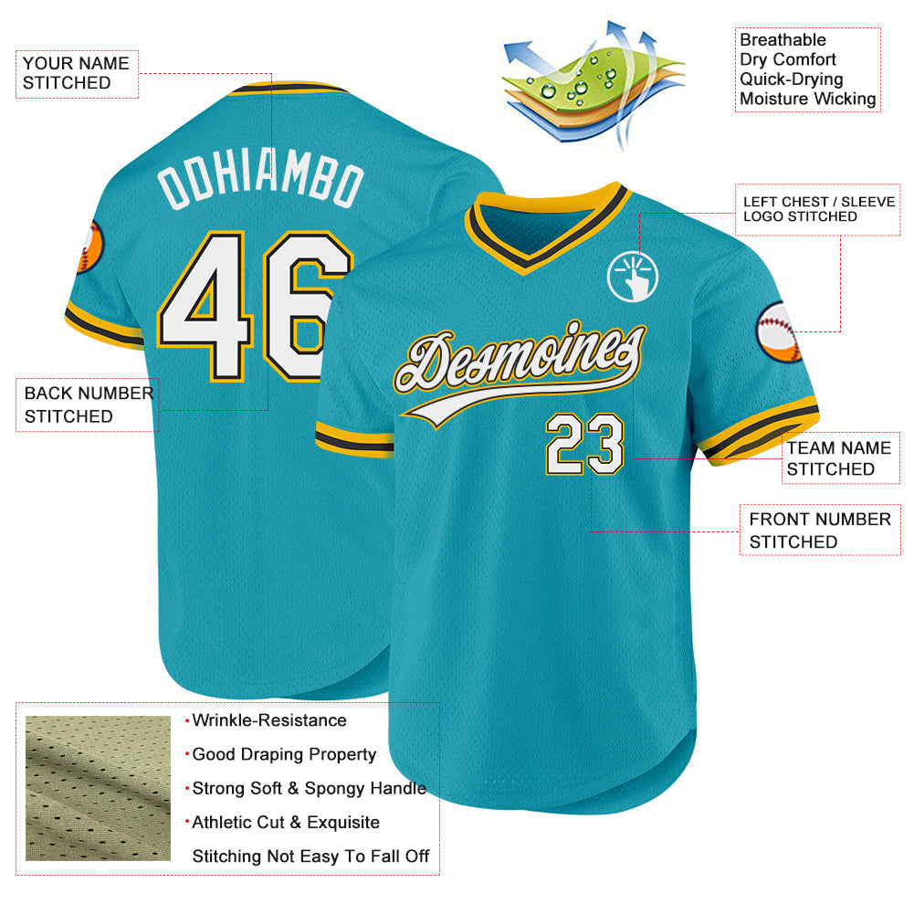 Custom Teal Black-Gold Authentic Throwback Baseball Jersey view 3