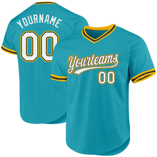 Custom Teal Black-Gold Authentic Throwback Baseball Jersey - Main View