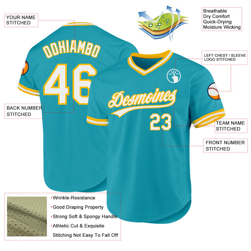 Custom Teal White-Gold Authentic Throwback Baseball Jersey view 3