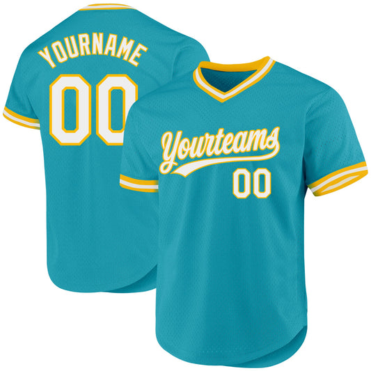 Custom Teal White-Gold Authentic Throwback Baseball Jersey - Main View