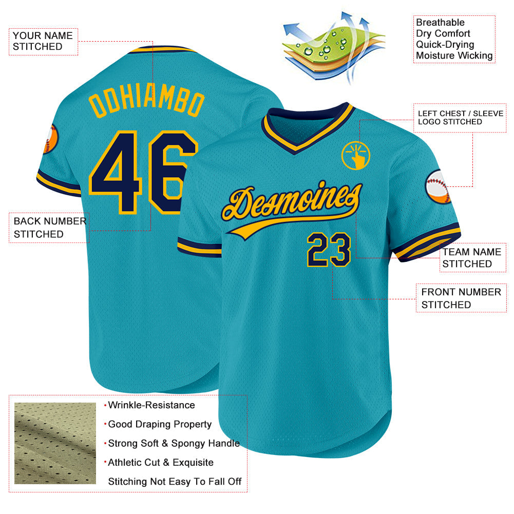 Custom Teal Navy-Gold Authentic Throwback Baseball Jersey view 3