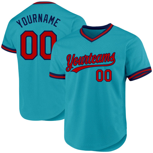 Custom Teal Red-Navy Authentic Throwback Baseball Jersey - Main View