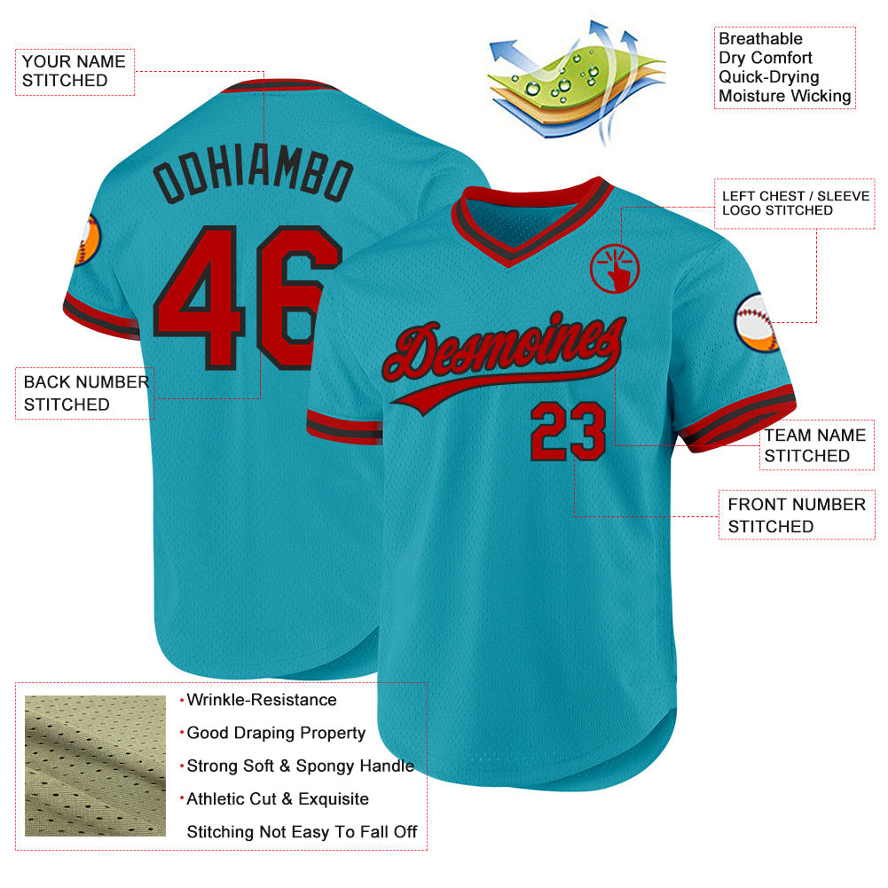 Custom Teal Red-Black Authentic Throwback Baseball Jersey view 3