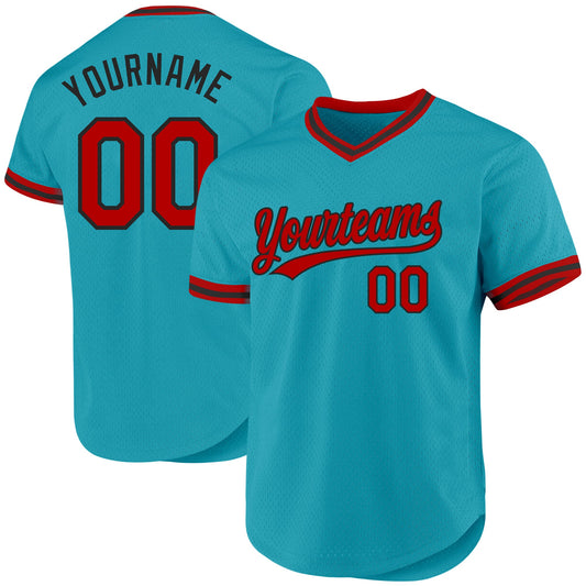 Custom Teal Red-Black Authentic Throwback Baseball Jersey - Main View