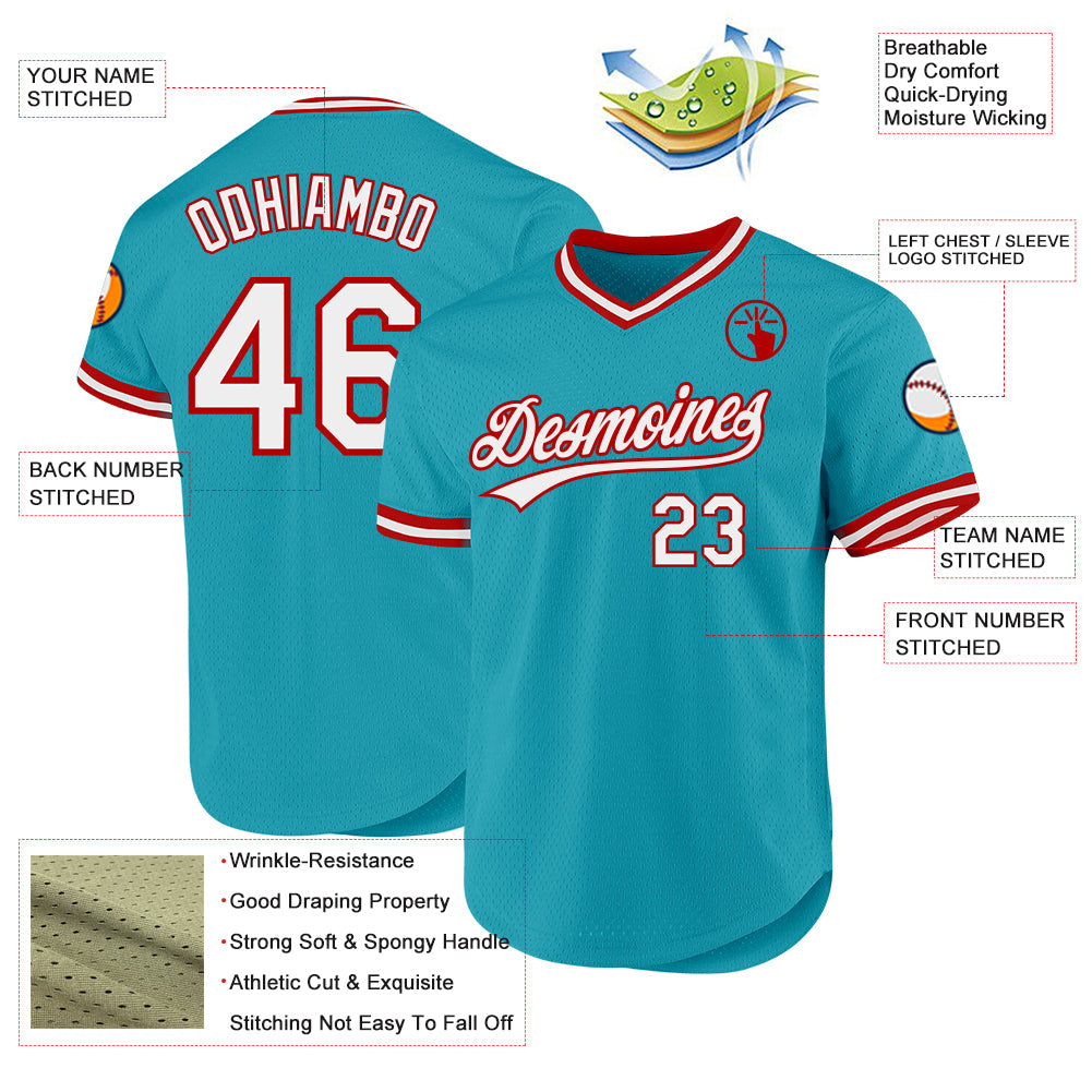 Custom Teal White-Red Authentic Throwback Baseball Jersey view 3
