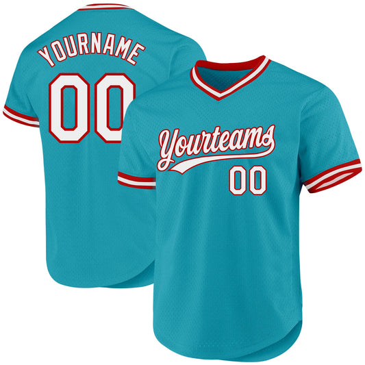 Custom Teal White-Red Authentic Throwback Baseball Jersey - Main View