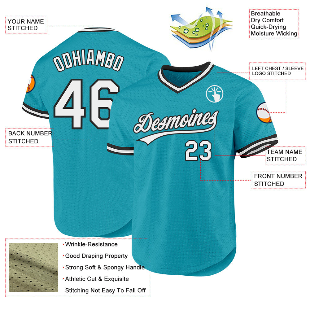 Custom Teal White-Black Authentic Throwback Baseball Jersey view 3