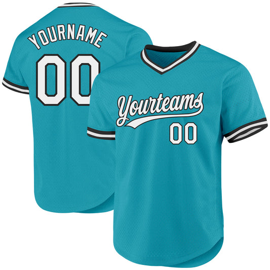 Custom Teal White-Black Authentic Throwback Baseball Jersey - Main View