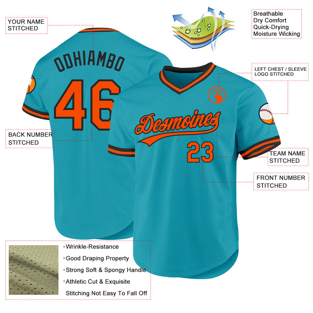 Custom Teal Orange-Black Authentic Throwback Baseball Jersey view 3