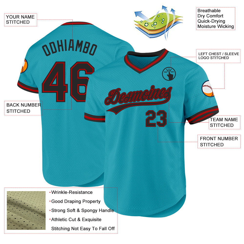 Custom Teal Black-Red Authentic Throwback Baseball Jersey view 3