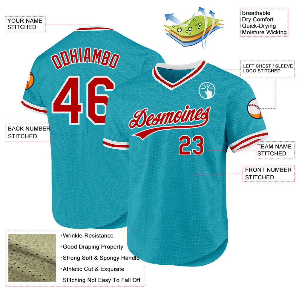 Custom Teal Red-White Authentic Throwback Baseball Jersey view 3