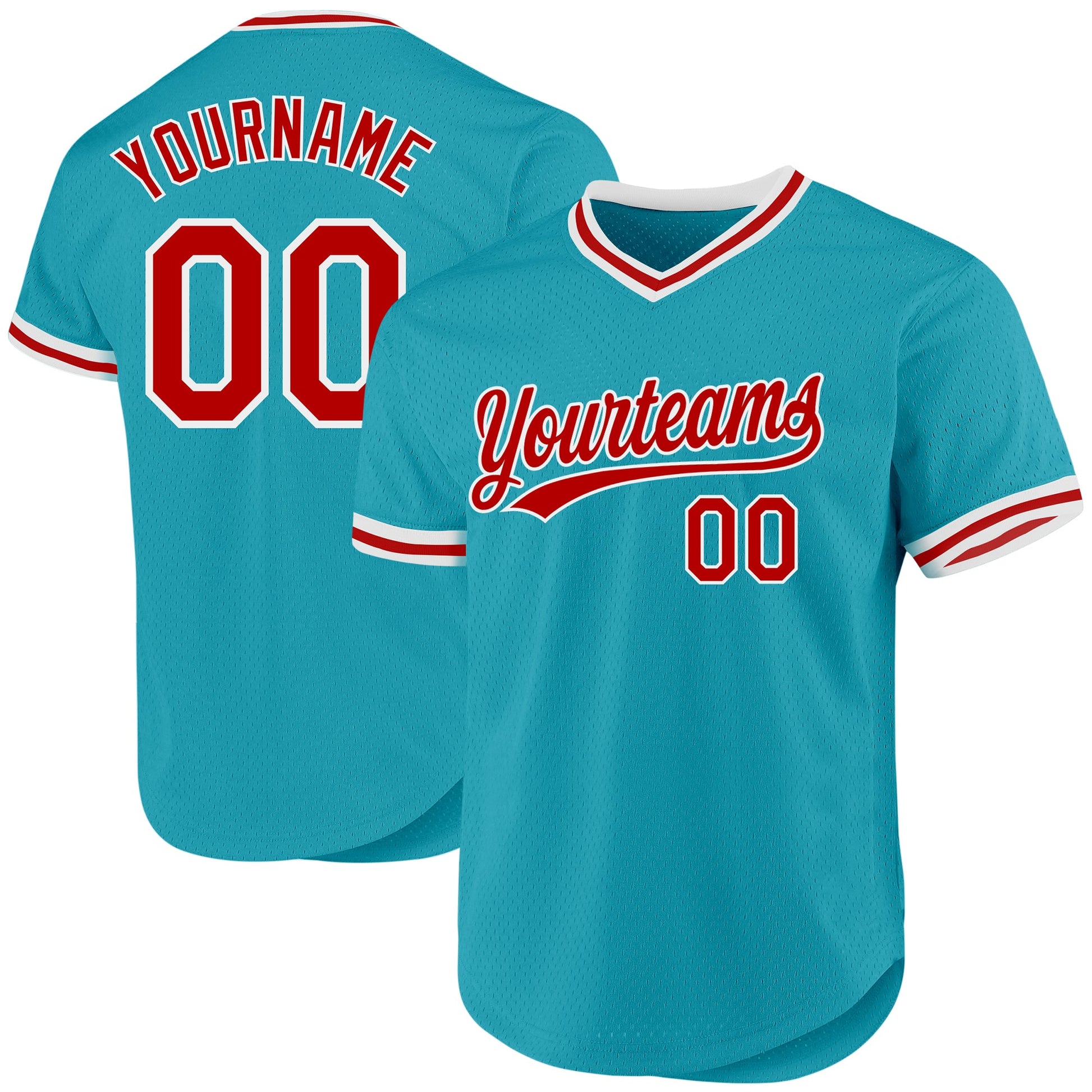 Custom Teal Red-White Authentic Throwback Baseball Jersey - Main View