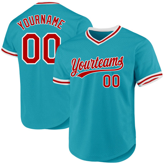 Custom Teal Red-White Authentic Throwback Baseball Jersey - Main View