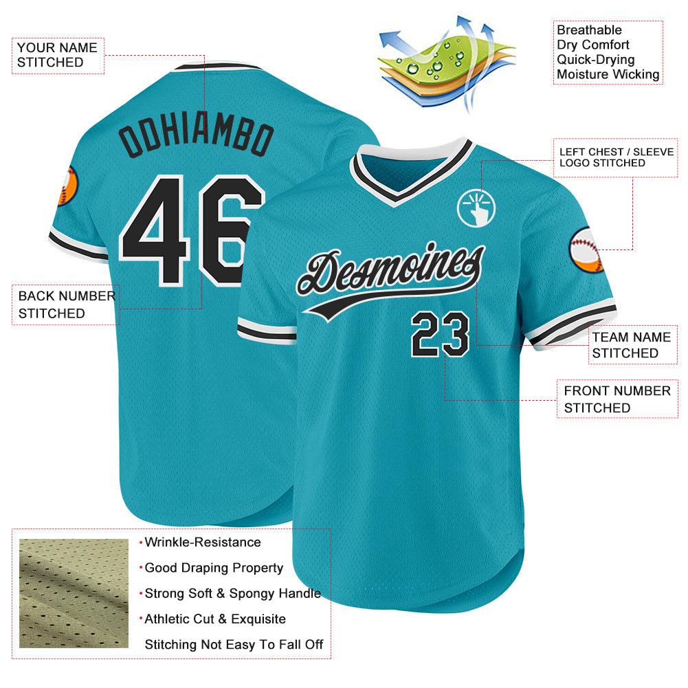 Custom Teal Black-White Authentic Throwback Baseball Jersey view 3