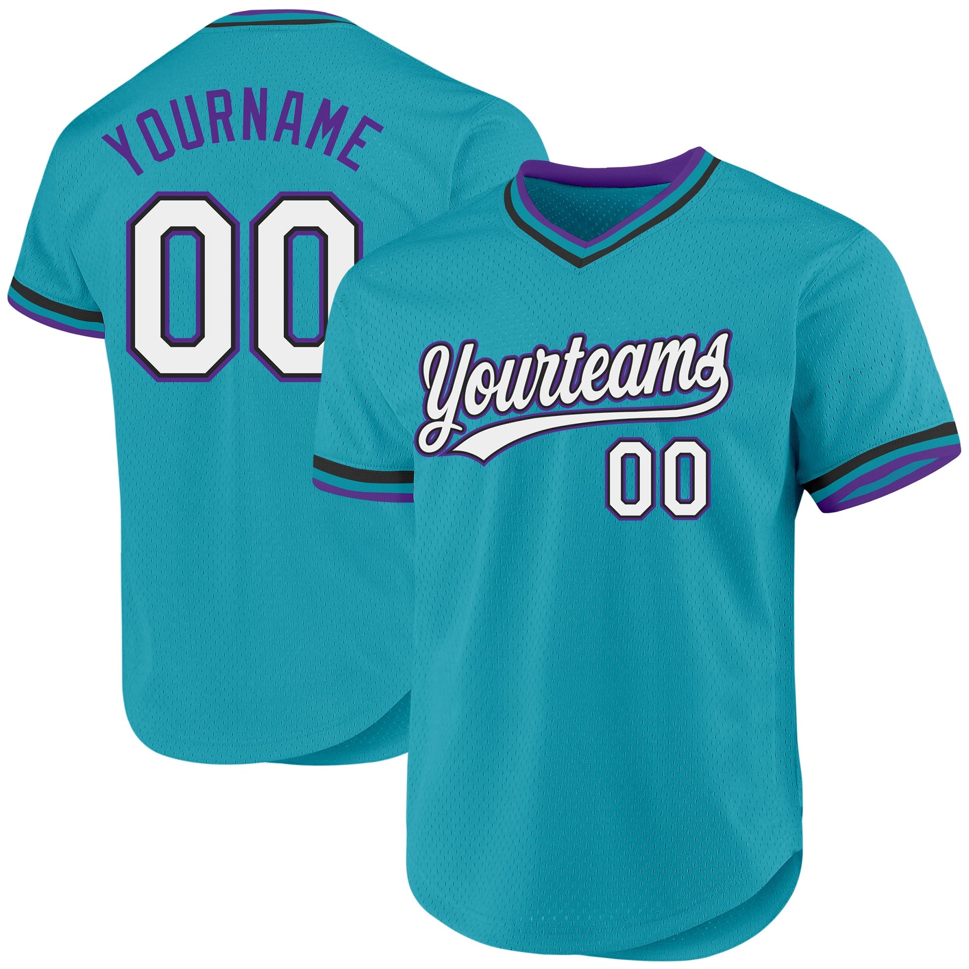 Custom Teal Black-Purple Authentic Throwback Baseball Jersey - Main View
