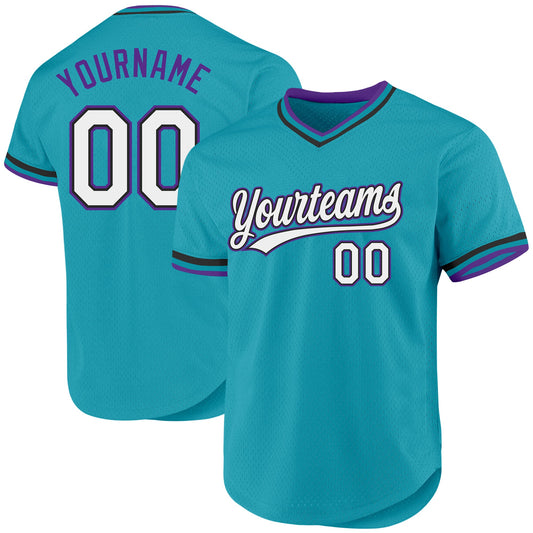 Custom Teal Black-Purple Authentic Throwback Baseball Jersey - Main View