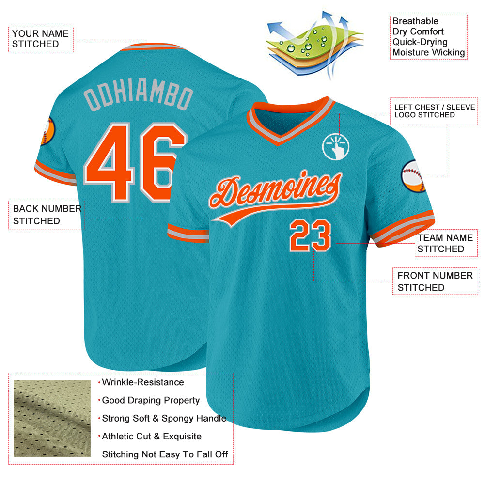 Custom Teal Orange-Gray Authentic Throwback Baseball Jersey view 3