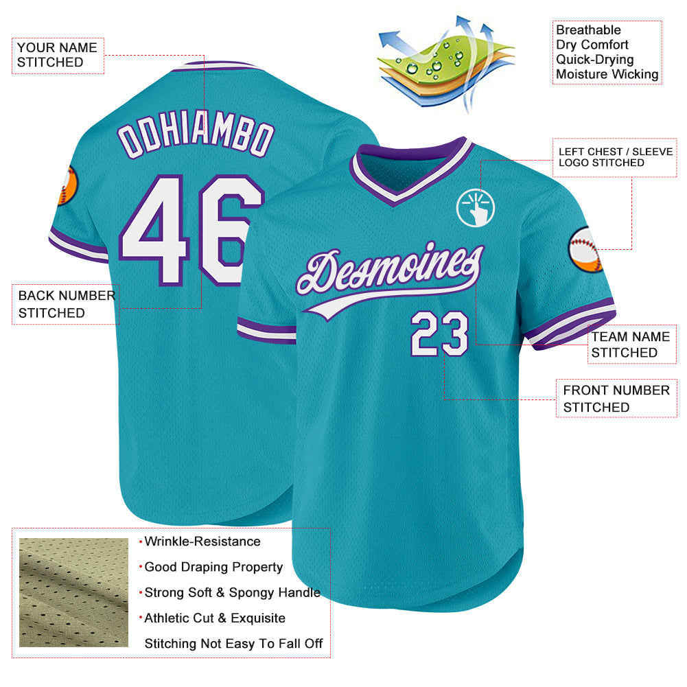 Custom Teal White-Purple Authentic Throwback Baseball Jersey view 3