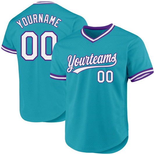Custom Teal White-Purple Authentic Throwback Baseball Jersey - Main View