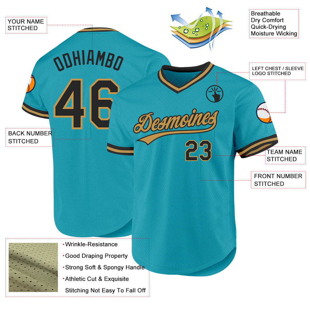 Custom Teal Black-Old Gold Authentic Throwback Baseball Jersey view 3