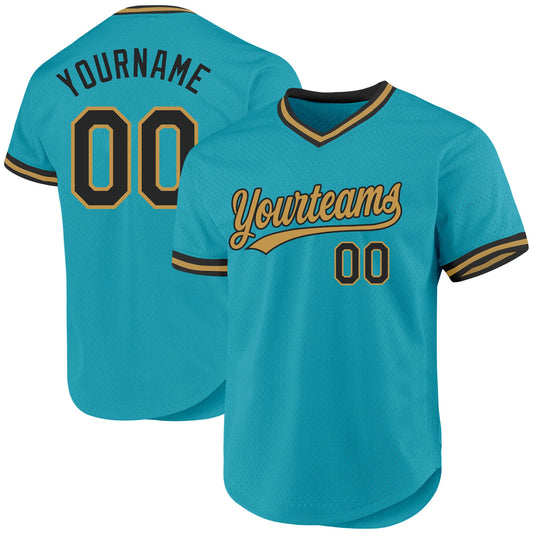 Custom Teal Black-Old Gold Authentic Throwback Baseball Jersey - Main View