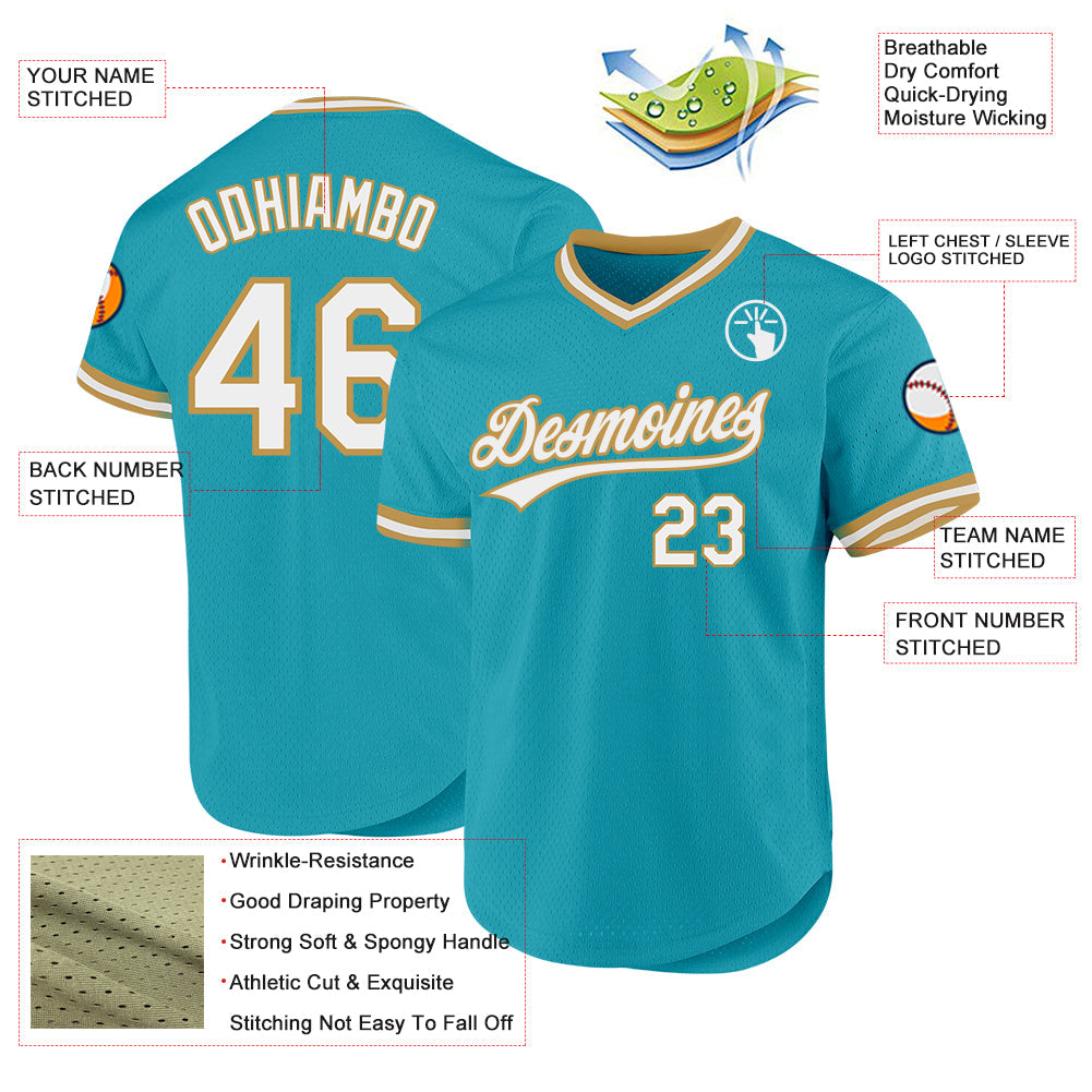 Custom Teal White-Old Gold Authentic Throwback Baseball Jersey view 3