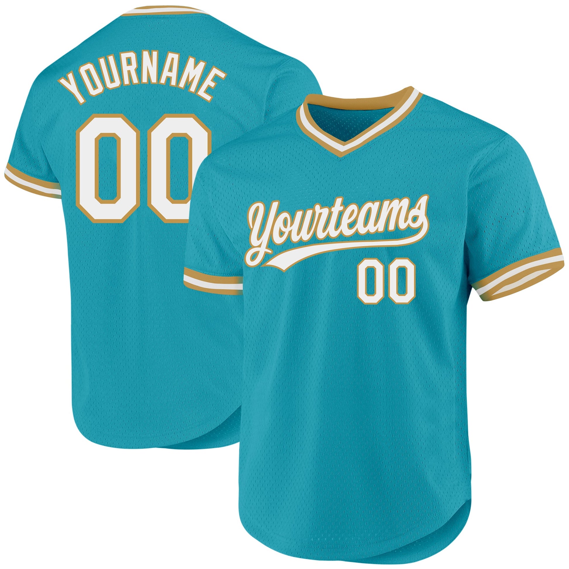 Custom Teal White-Old Gold Authentic Throwback Baseball Jersey - Main View