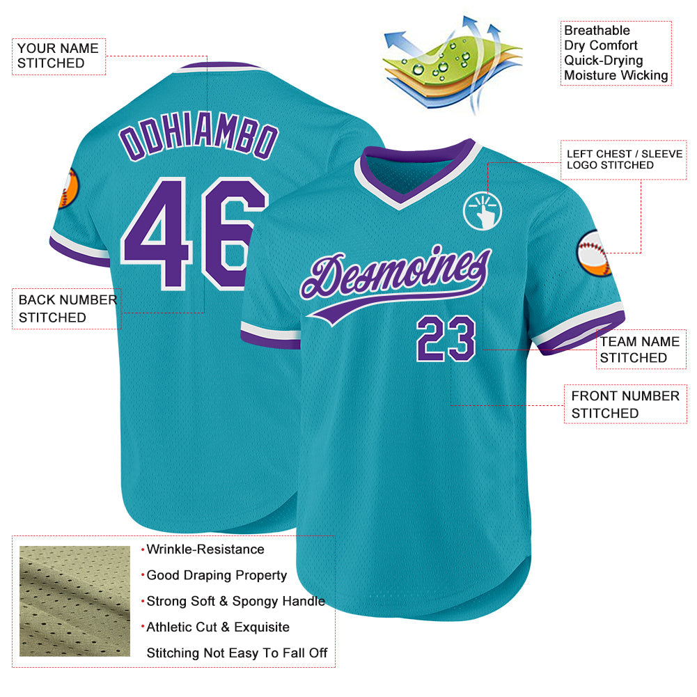 Custom Teal Purple-White Authentic Throwback Baseball Jersey view 3