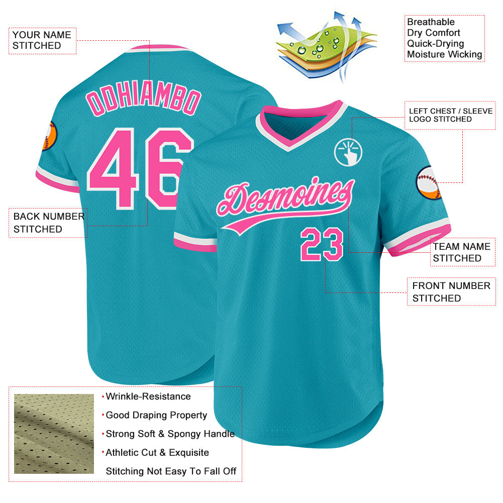 Custom Teal Pink-White Authentic Throwback Baseball Jersey view 3