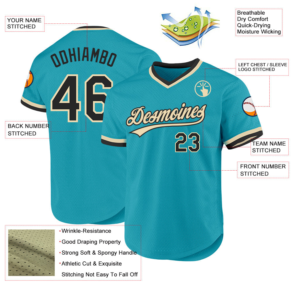 Custom Teal Black-Cream Authentic Throwback Baseball Jersey view 3