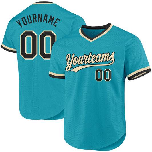 Custom Teal Black-Cream Authentic Throwback Baseball Jersey - Main View