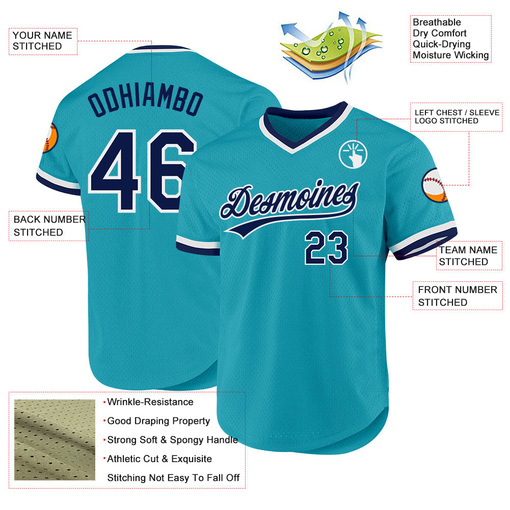 Custom Teal Navy-White Authentic Throwback Baseball Jersey view 3