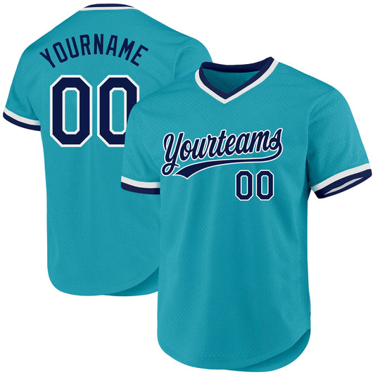 Custom Teal Navy-White Authentic Throwback Baseball Jersey - Main View