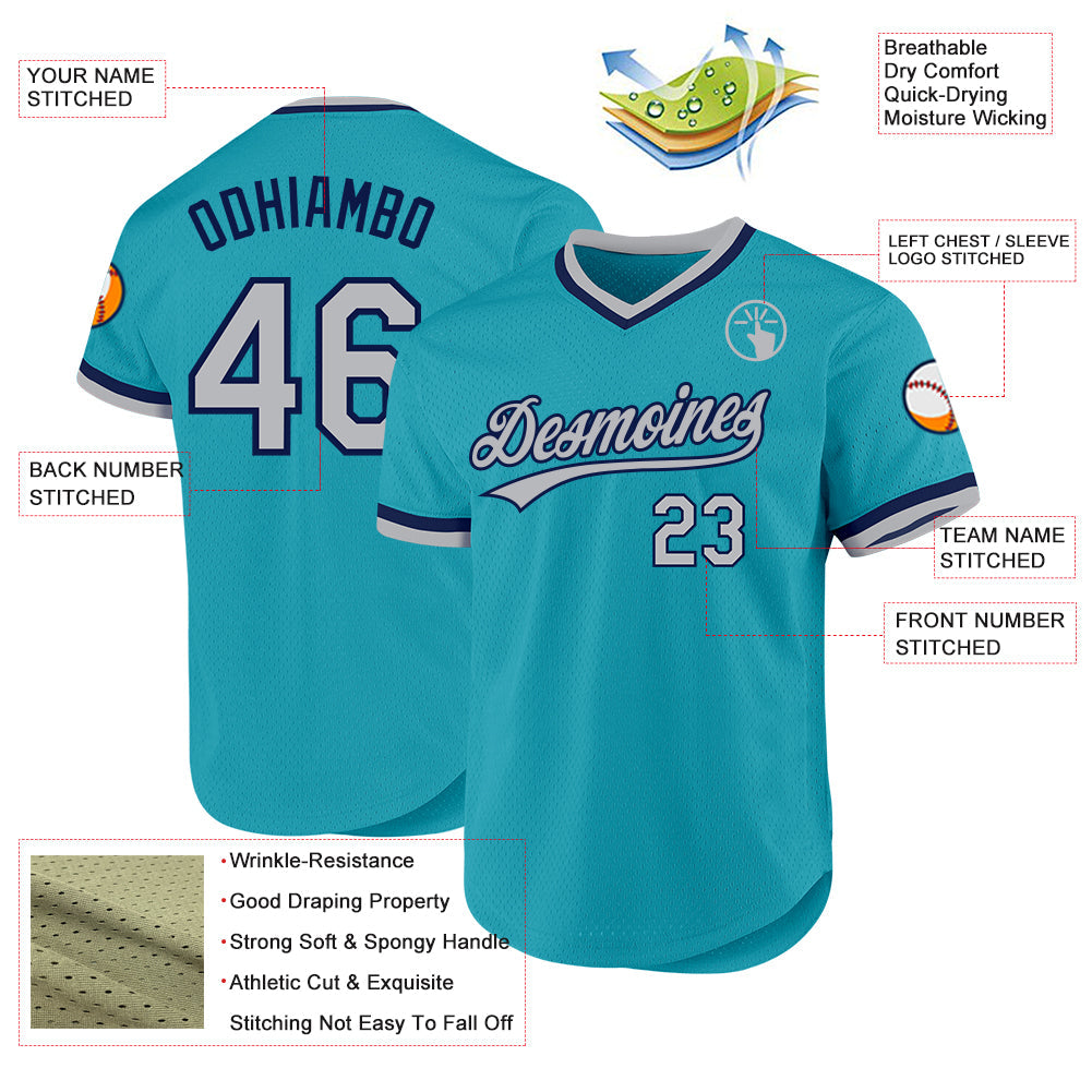 Custom Teal Gray-Navy Authentic Throwback Baseball Jersey view 3