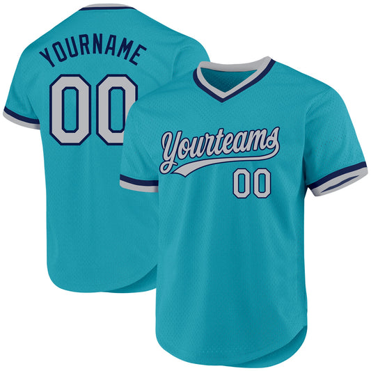 Custom Teal Gray-Navy Authentic Throwback Baseball Jersey - Main View