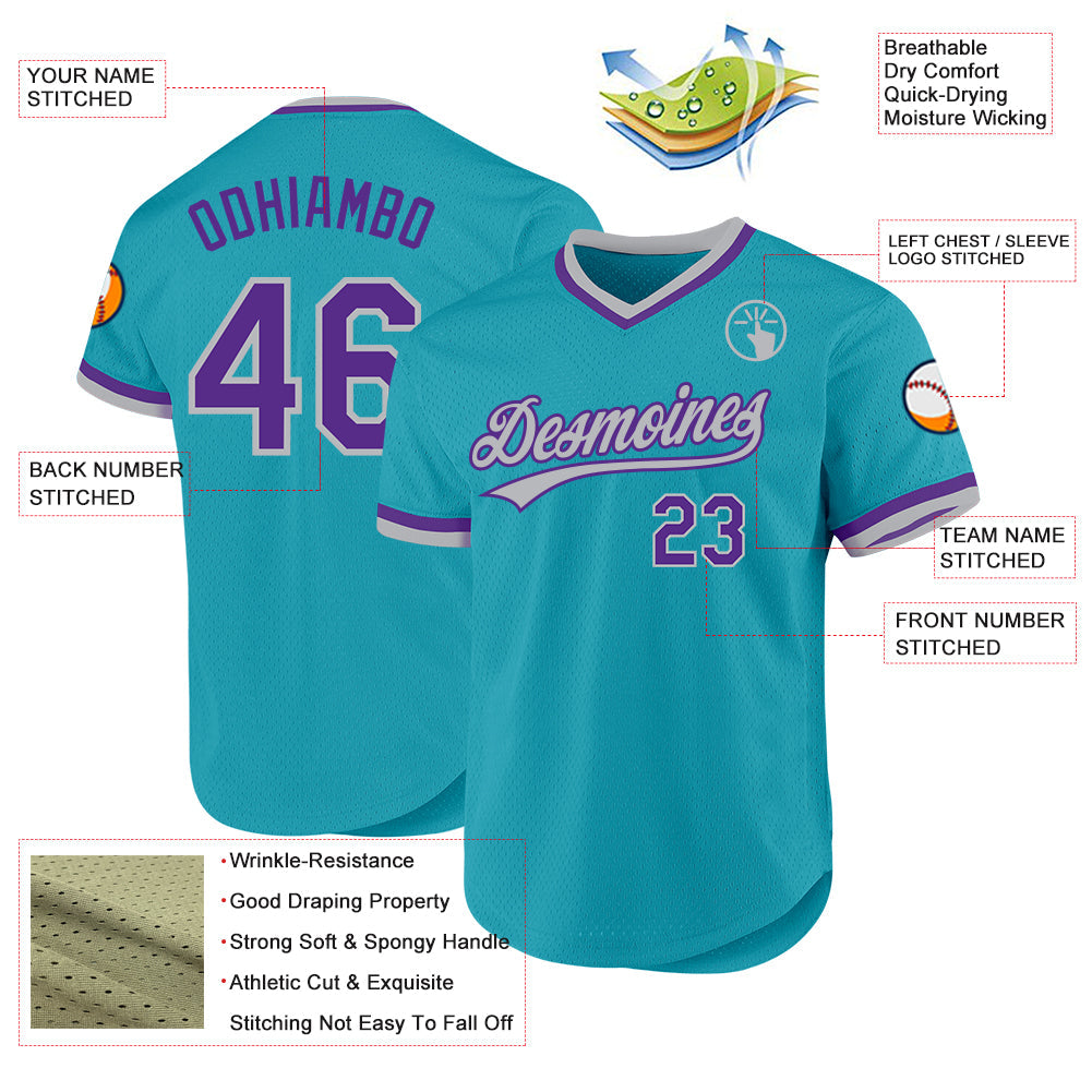 Custom Teal Purple-Gray Authentic Throwback Baseball Jersey view 3
