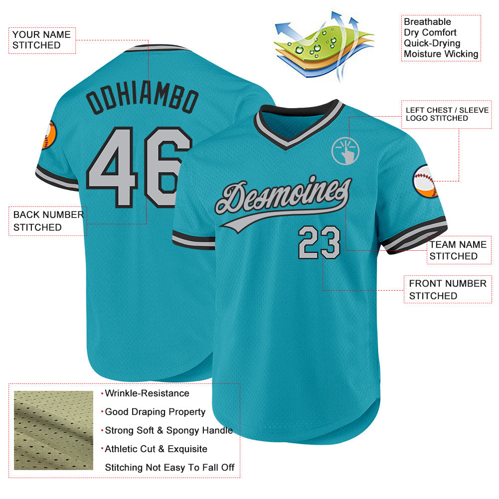 Custom Teal Gray-Black Authentic Throwback Baseball Jersey view 3