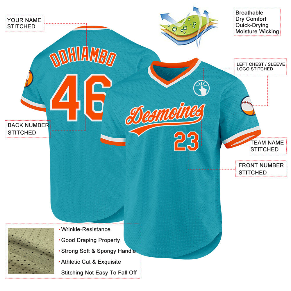 Custom Teal Orange-White Authentic Throwback Baseball Jersey view 3
