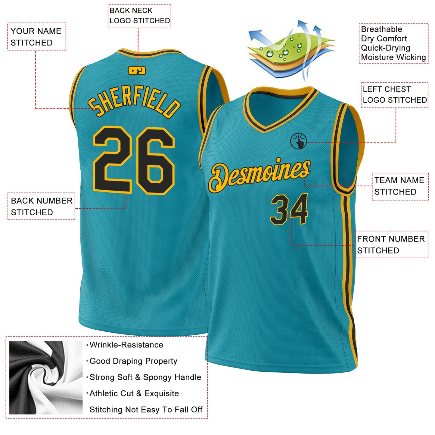 Custom Teal Black-Gold Authentic Throwback Basketball Jersey view 3