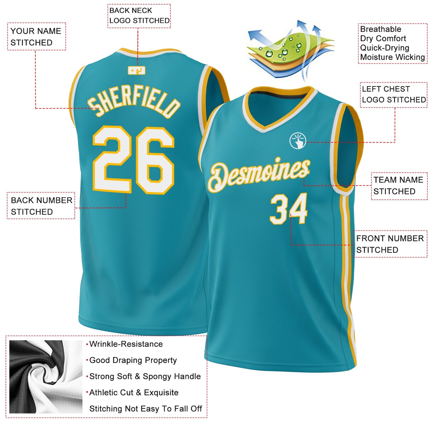 Custom Teal White-Gold Authentic Throwback Basketball Jersey view 3