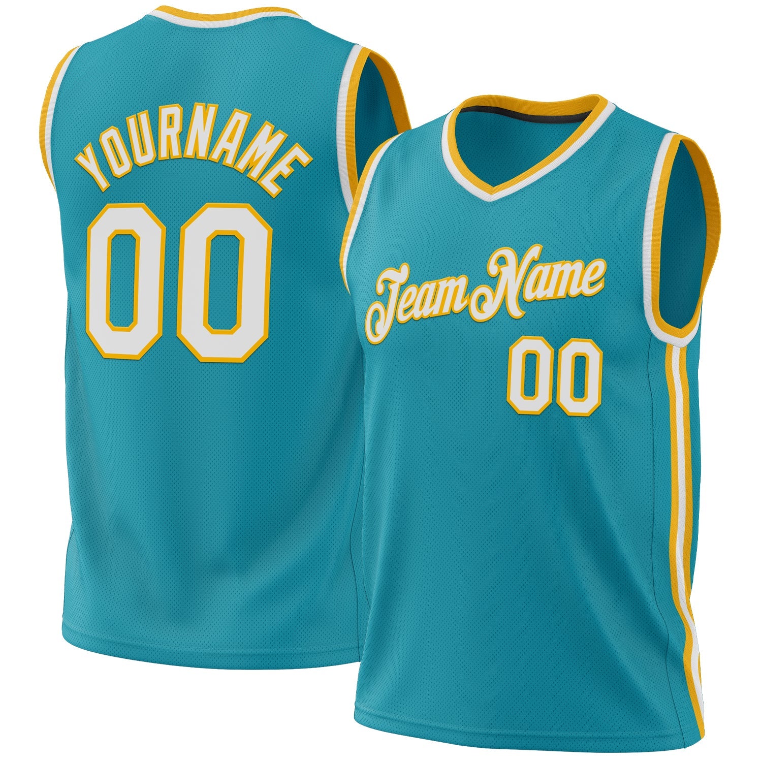 Custom Teal White-Gold Authentic Throwback Basketball Jersey - Main View
