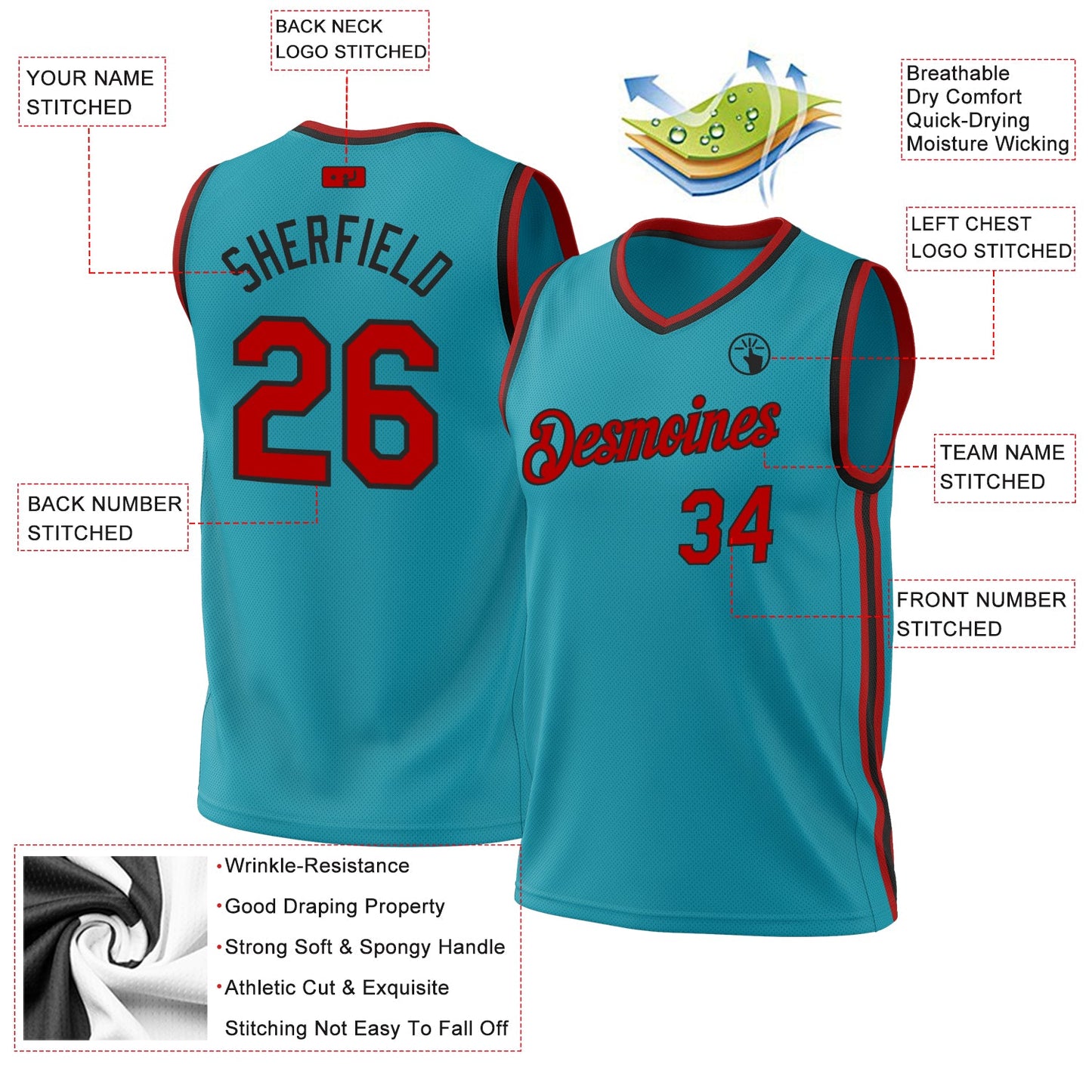 Custom Teal Red-Black Authentic Throwback Basketball Jersey view 3