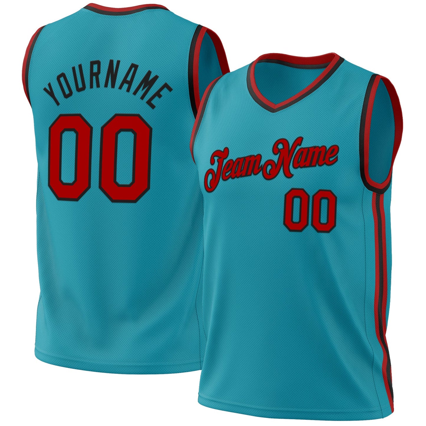 Custom Teal Red-Black Authentic Throwback Basketball Jersey - Main View