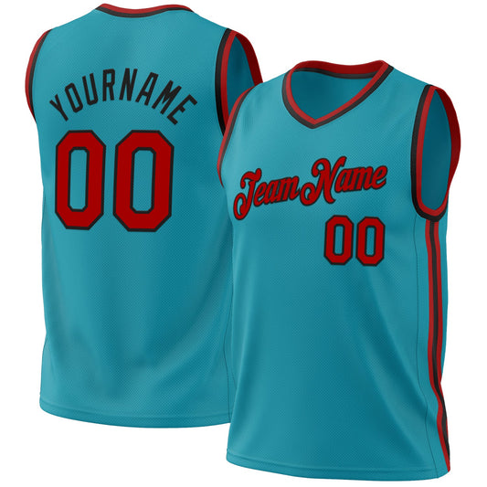 Custom Teal Red-Black Authentic Throwback Basketball Jersey - Main View