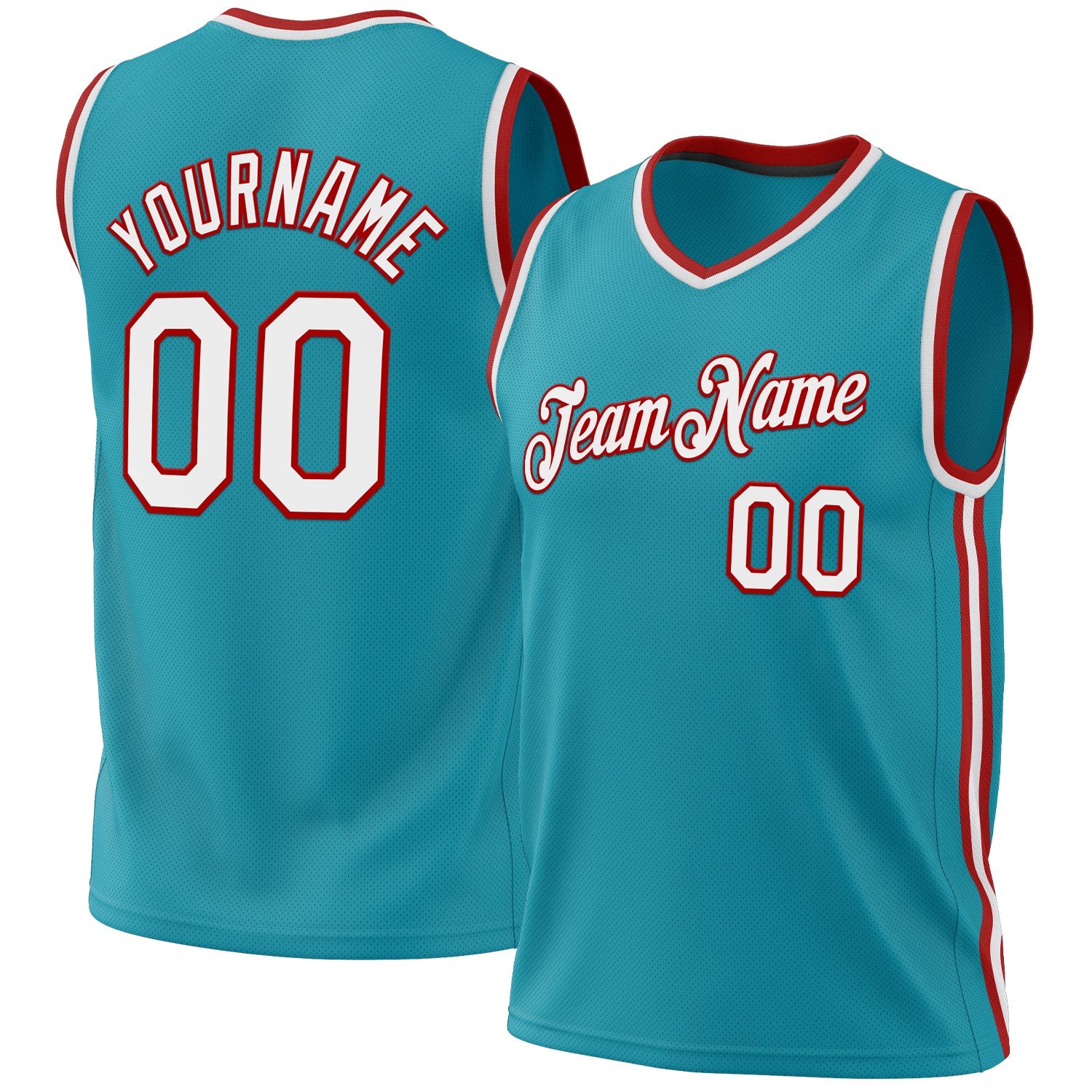 Custom Teal White-Red Authentic Throwback Basketball Jersey - Main View
