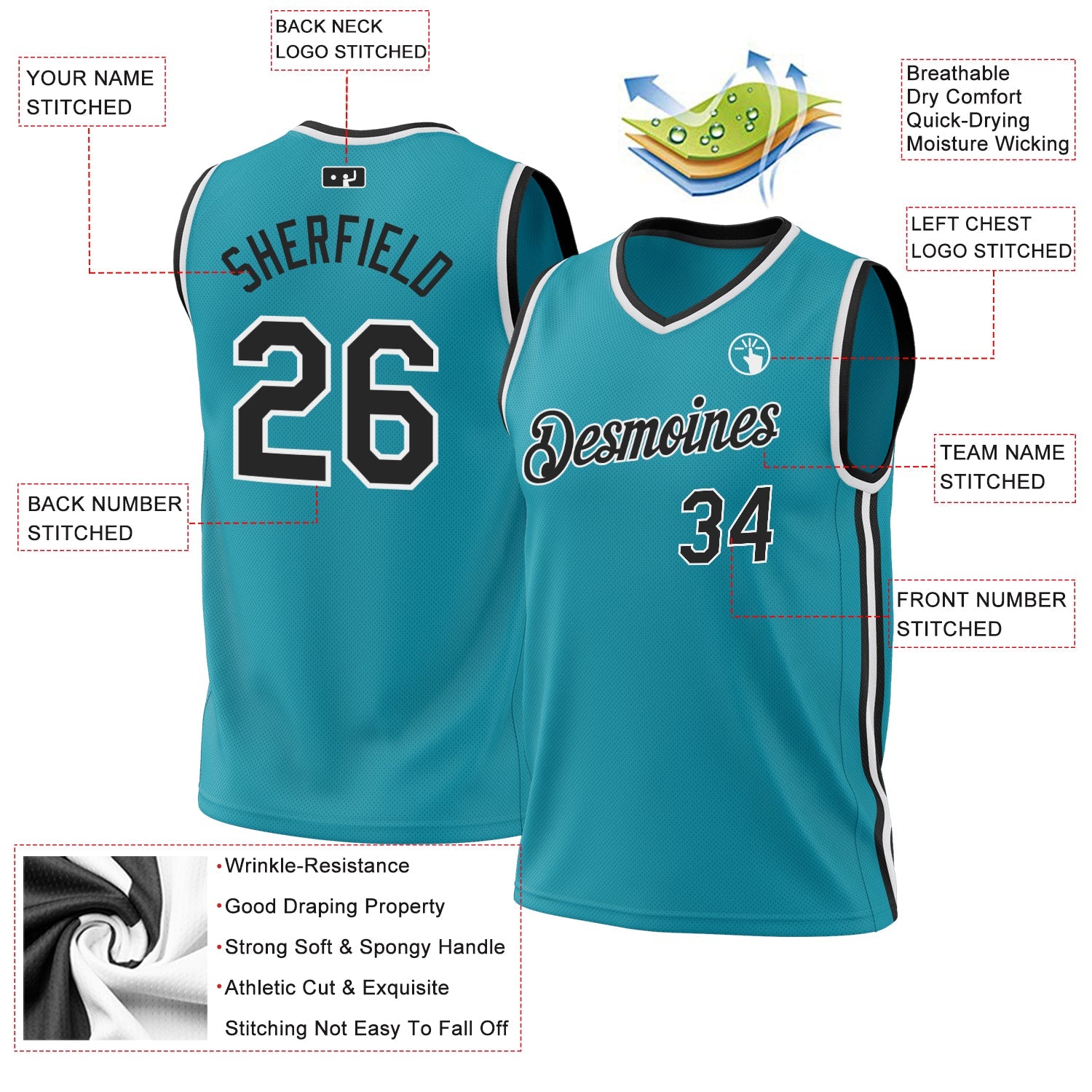 Custom Teal Black-Red Authentic Throwback Basketball Jersey view 3