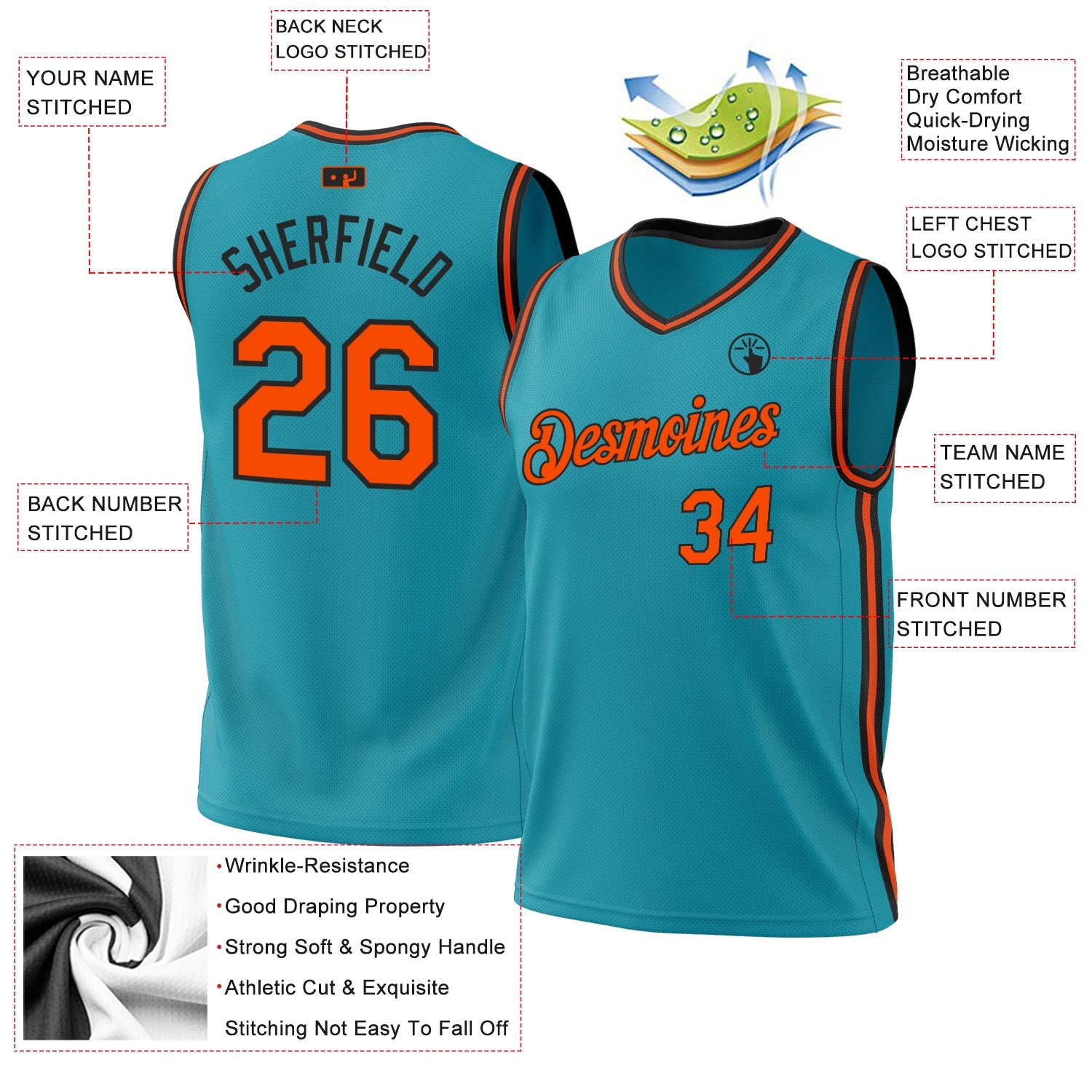 Custom Teal Orange-Black Authentic Throwback Basketball Jersey view 3