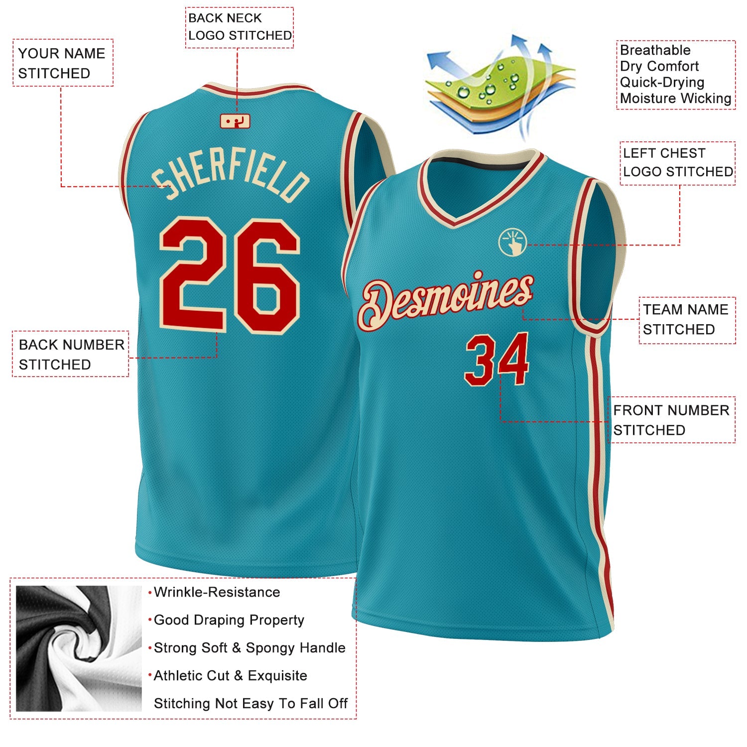 Custom Teal Red-Cream Authentic Throwback Basketball Jersey view 3